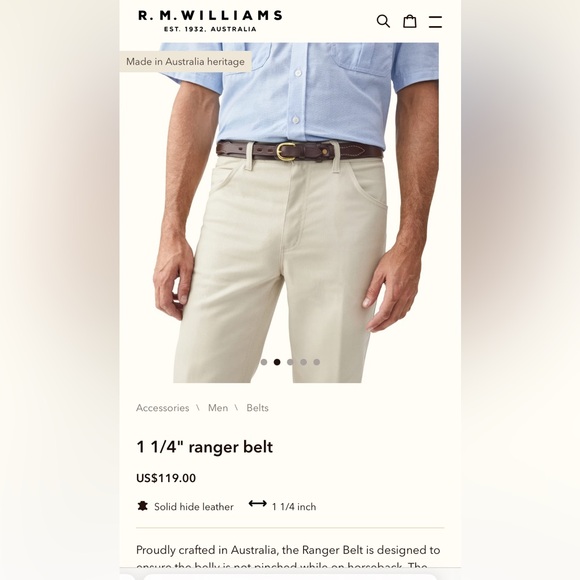 R.M. Williams Brown Cowhide Leather 1 1/4" Ranger Belt Australia Gold Buckle - Picture 9 of 9